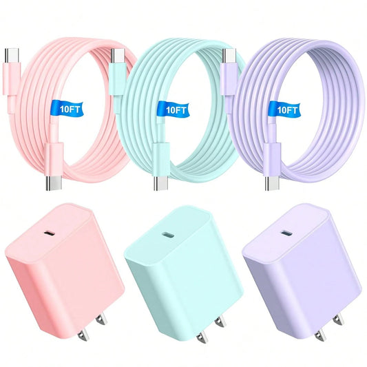 10FT/3M Compatible For Iphone Charger Fast Charging, 1-3Pack 20W USB C Charger Block, 60W 10FT USB C Wall Charger Cable, Compatible With Phone 15/16 Pro/Max/Plus- Green Purple Pink White Phone Charge