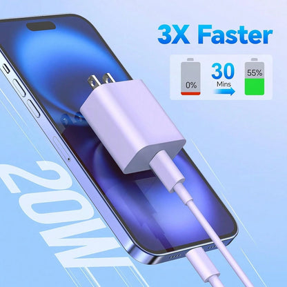 10FT/3M Compatible For Iphone Charger Fast Charging, 1-3Pack 20W USB C Charger Block, 60W 10FT USB C Wall Charger Cable, Compatible With Phone 15/16 Pro/Max/Plus- Green Purple Pink White Phone Charge