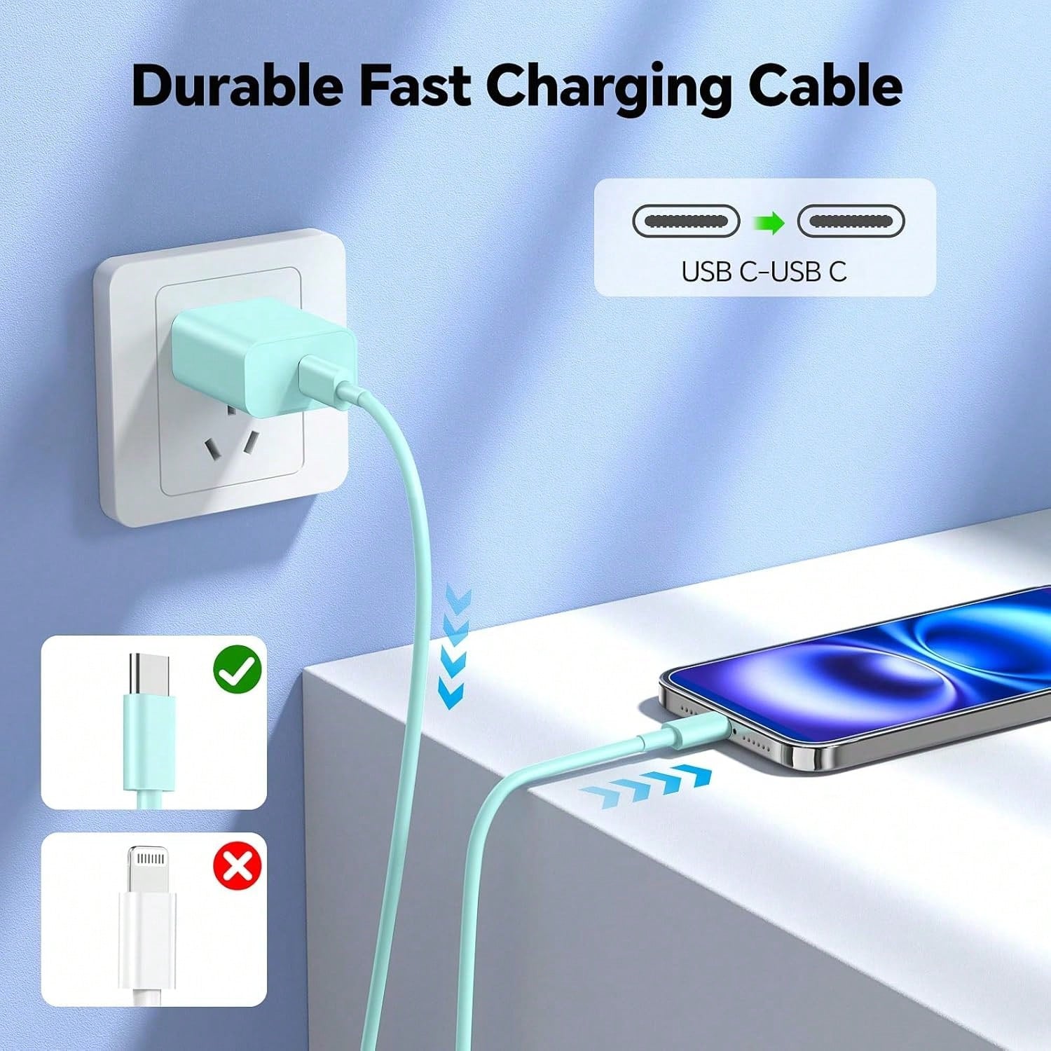 10FT/3M Compatible For Iphone Charger Fast Charging, 1-3Pack 20W USB C Charger Block, 60W 10FT USB C Wall Charger Cable, Compatible With Phone 15/16 Pro/Max/Plus- Green Purple Pink White Phone Charge