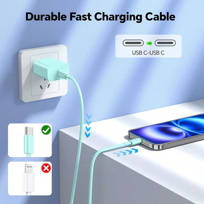 10FT/3M Compatible For Iphone Charger Fast Charging, 1-3Pack 20W USB C Charger Block, 60W 10FT USB C Wall Charger Cable, Compatible With Phone 15/16 Pro/Max/Plus- Green Purple Pink White Phone Charge