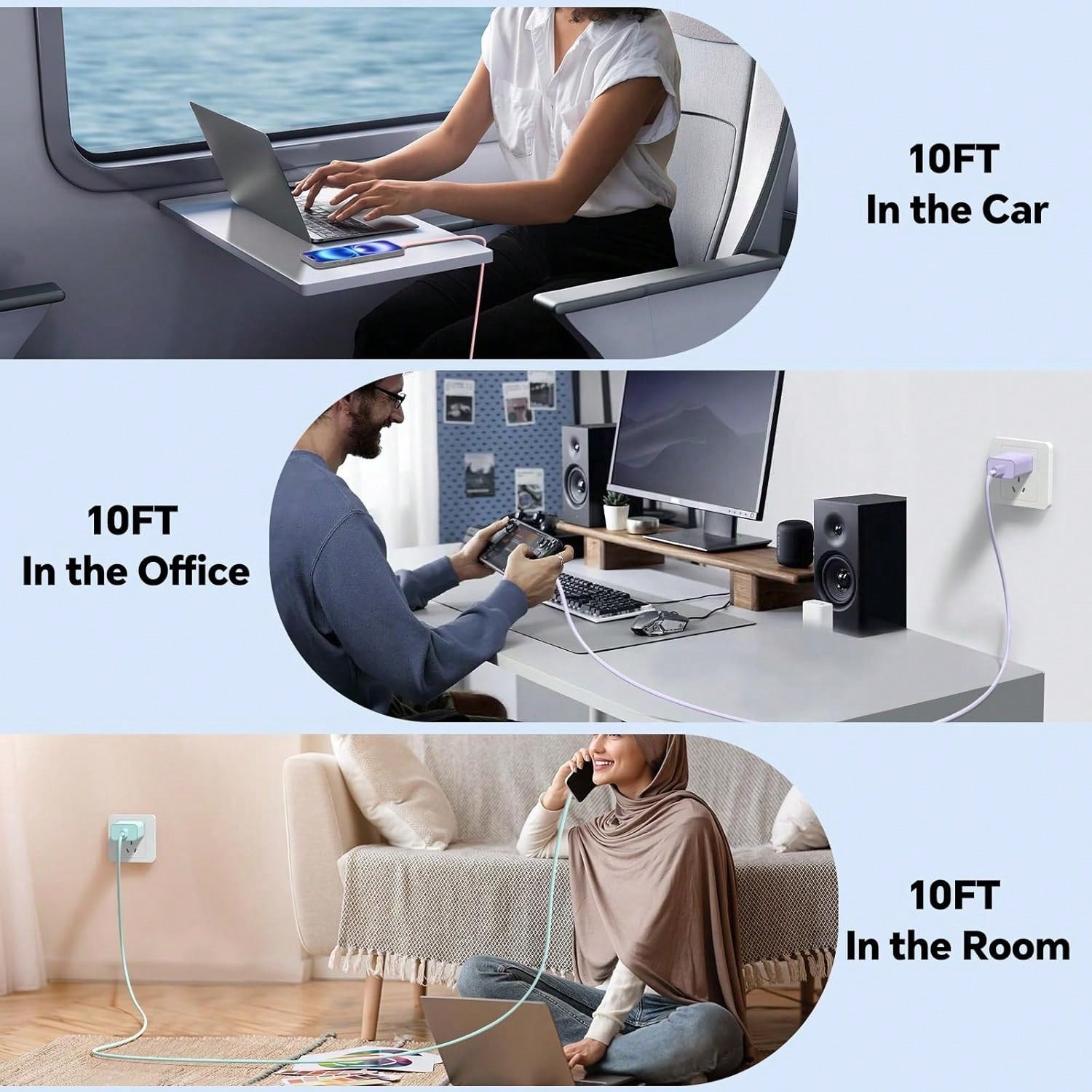 10FT/3M Compatible For Iphone Charger Fast Charging, 1-3Pack 20W USB C Charger Block, 60W 10FT USB C Wall Charger Cable, Compatible With Phone 15/16 Pro/Max/Plus- Green Purple Pink White Phone Charge