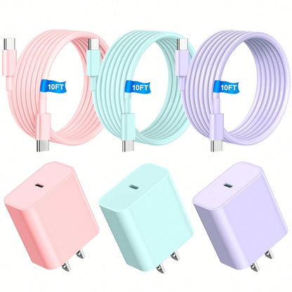 10FT/3M Compatible For Iphone Charger Fast Charging, 1-3Pack 20W USB C Charger Block, 60W 10FT USB C Wall Charger Cable, Compatible With Phone 15/16 Pro/Max/Plus- Green Purple Pink White Phone Charge