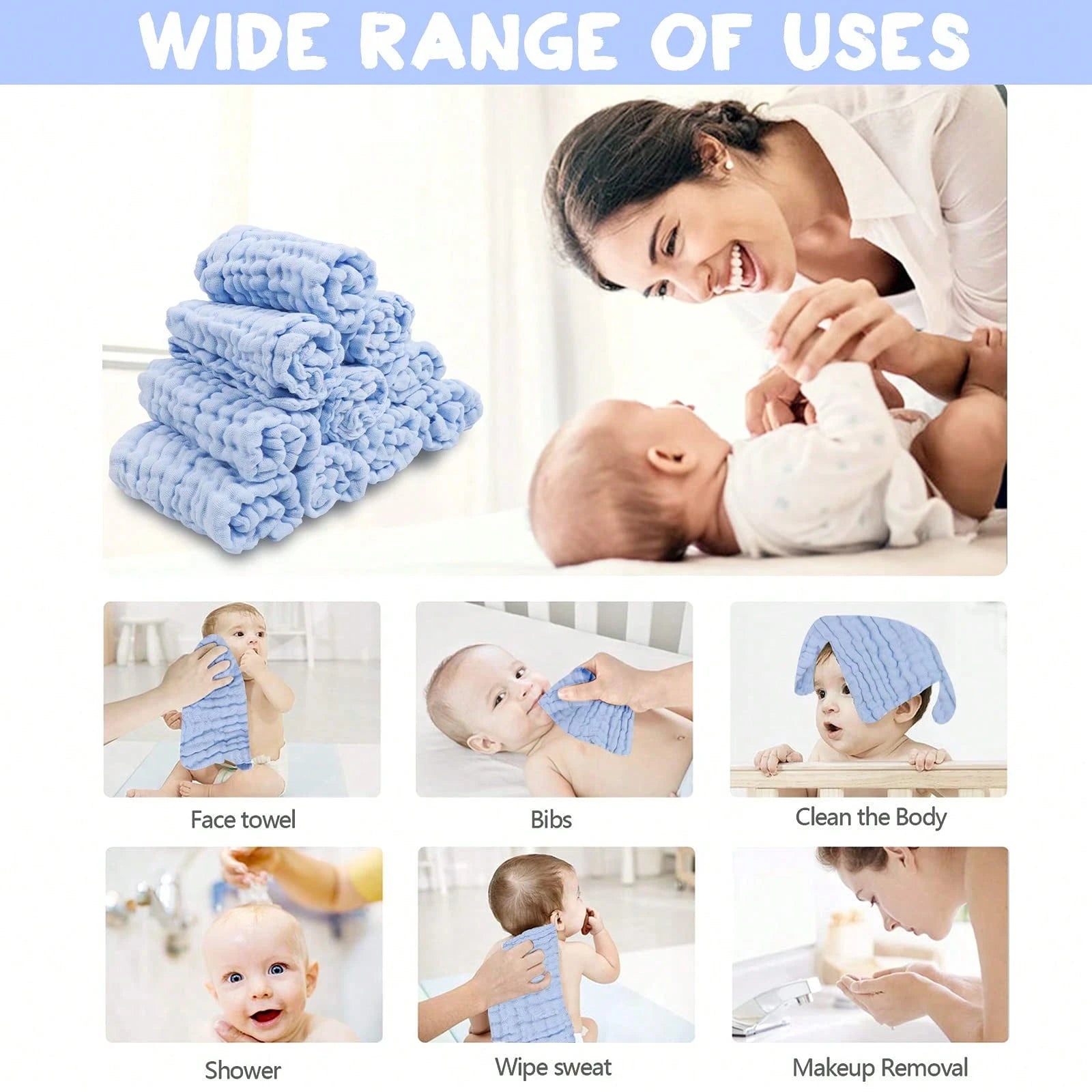 10pcs Muslin Washcloths- Soft Face Cloths For Newborn, Absorbent Bath Face Towels, Wipes, Burp Cloths, Baby Registry As Shower.