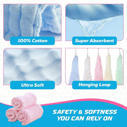 10pcs Muslin Washcloths- Soft Face Cloths For Newborn, Absorbent Bath Face Towels, Wipes, Burp Cloths, Baby Registry As Shower.