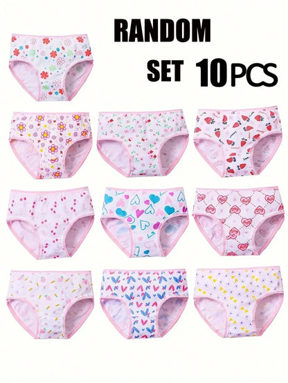 10pcs/Pack Young Girl Panties With Cute Ditsy Floral, Heart Design, Comfortable Briefs & Shorts For Toddlers & Children