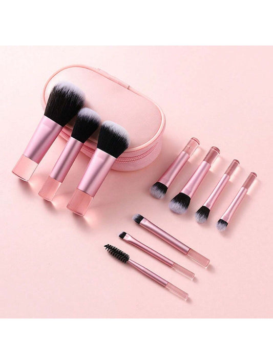 10pcs Pink Mini Makeup Brushes Set With Crystal Handle, Short Handle Portable Travel Makeup Brushes Kit- Powder Brush, Contour Brush, Blush Brush, Highlighter Brush, Eyeshadow Brush, Eyebrow Brush, L