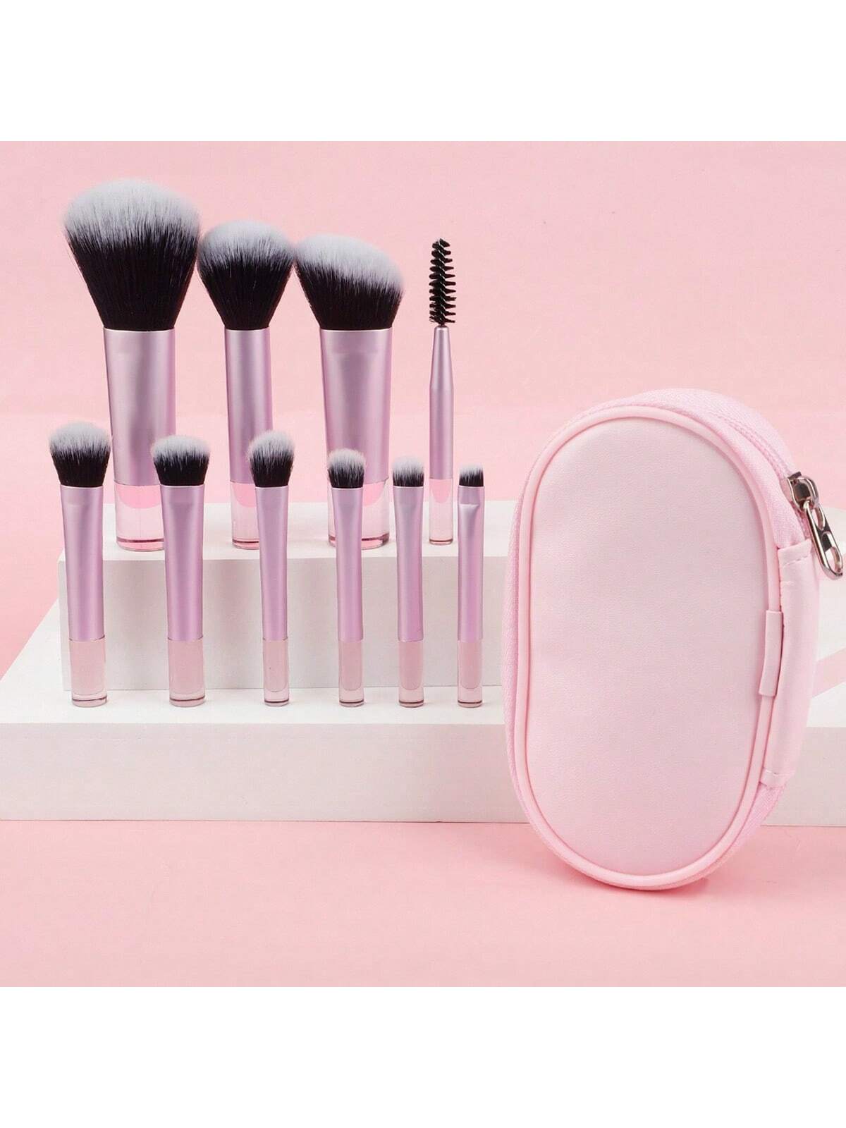 10pcs Pink Mini Makeup Brushes Set With Crystal Handle, Short Handle Portable Travel Makeup Brushes Kit- Powder Brush, Contour Brush, Blush Brush, Highlighter Brush, Eyeshadow Brush, Eyebrow Brush, L