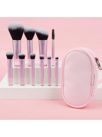 10pcs Pink Mini Makeup Brushes Set With Crystal Handle, Short Handle Portable Travel Makeup Brushes Kit- Powder Brush, Contour Brush, Blush Brush, Highlighter Brush, Eyeshadow Brush, Eyebrow Brush, L