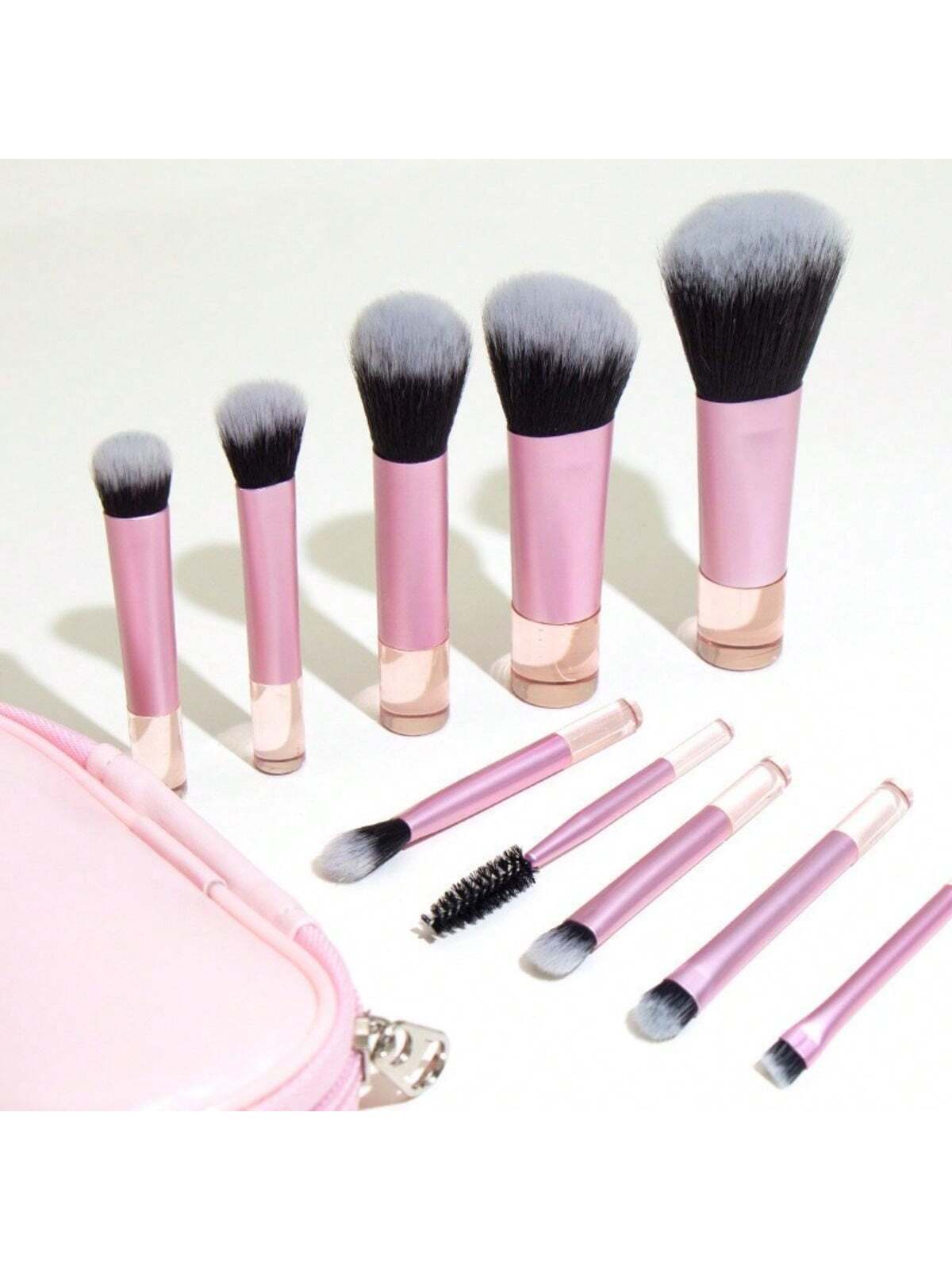 10pcs Pink Mini Makeup Brushes Set With Crystal Handle, Short Handle Portable Travel Makeup Brushes Kit- Powder Brush, Contour Brush, Blush Brush, Highlighter Brush, Eyeshadow Brush, Eyebrow Brush, L