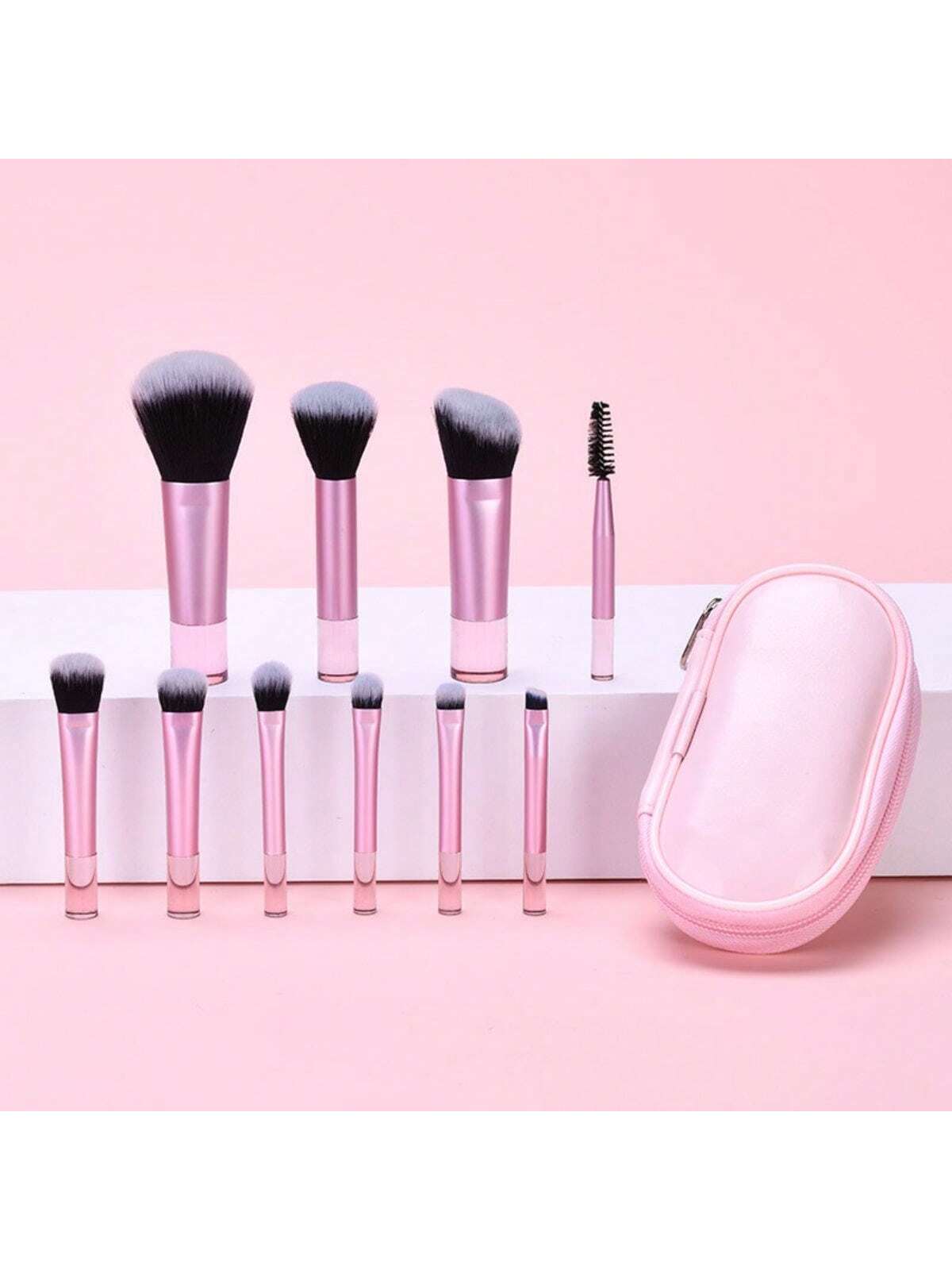 10pcs Pink Mini Makeup Brushes Set With Crystal Handle, Short Handle Portable Travel Makeup Brushes Kit- Powder Brush, Contour Brush, Blush Brush, Highlighter Brush, Eyeshadow Brush, Eyebrow Brush, L