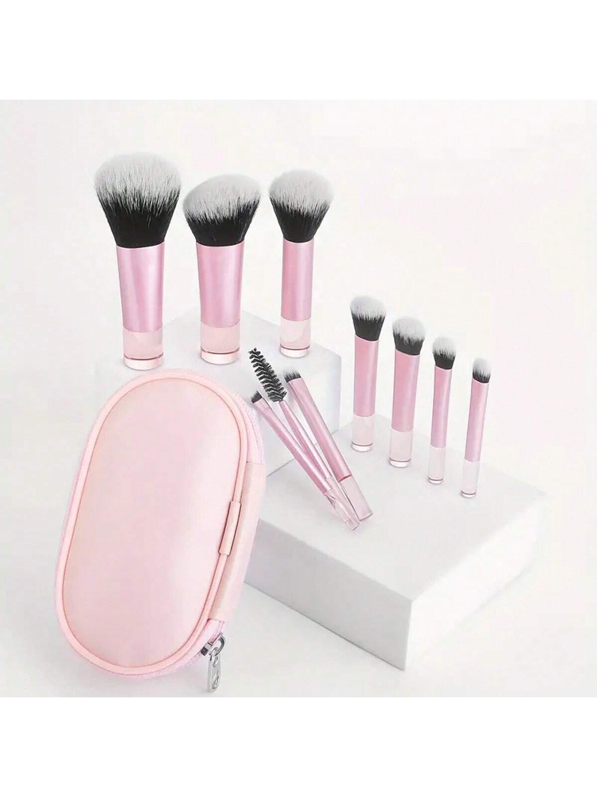 10pcs Pink Mini Makeup Brushes Set With Crystal Handle, Short Handle Portable Travel Makeup Brushes Kit- Powder Brush, Contour Brush, Blush Brush, Highlighter Brush, Eyeshadow Brush, Eyebrow Brush, L