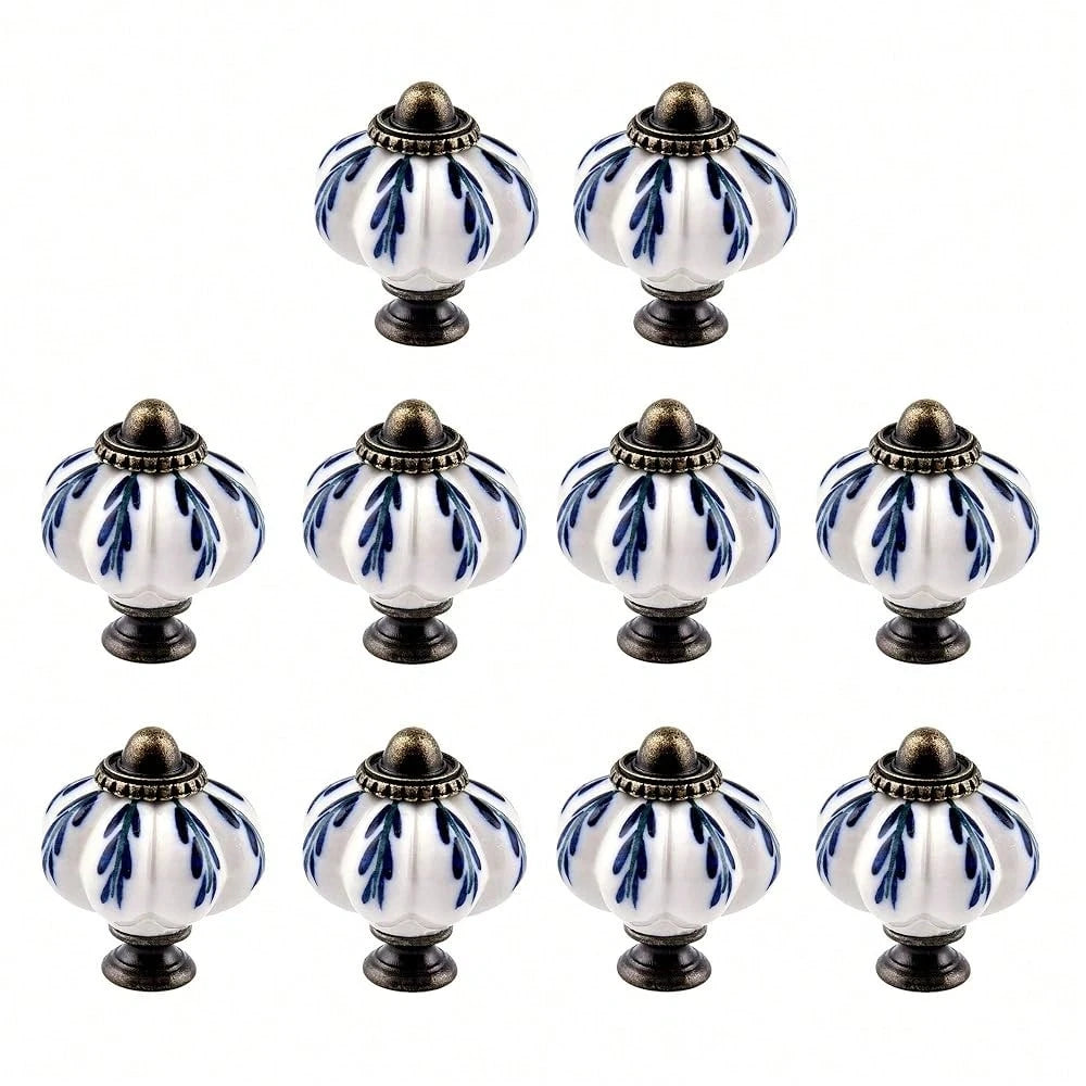 10Pcs Pumpkin Ceramic Drawer Knobs, Dresser Knobs Vintage Door Pull Handles Retro Antique Floral Leaf Pattern For Furniture Drawer Dresser Cabinet With Screws (White/Blue)