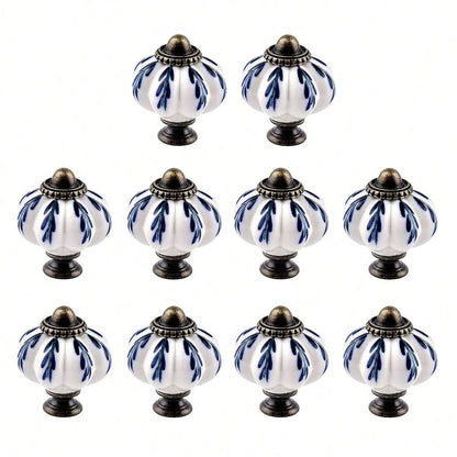 10Pcs Pumpkin Ceramic Drawer Knobs, Dresser Knobs Vintage Door Pull Handles Retro Antique Floral Leaf Pattern For Furniture Drawer Dresser Cabinet With Screws (White/Blue)