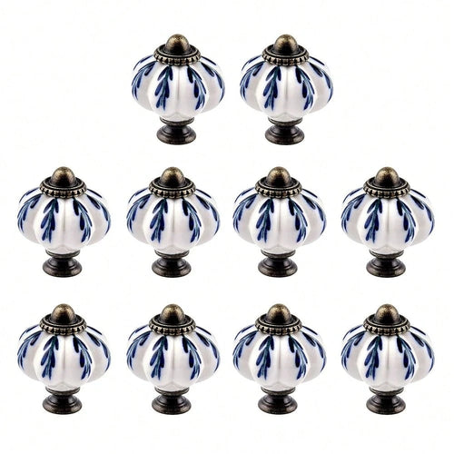 10Pcs Pumpkin Ceramic Drawer Knobs, Dresser Knobs Vintage Door Pull Handles Retro Antique Floral Leaf Pattern For Furniture Drawer Dresser Cabinet With Screws (White/Blue)