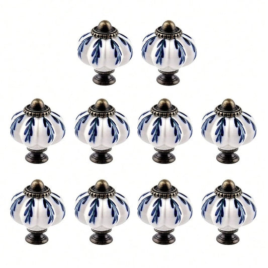 10Pcs Pumpkin Ceramic Drawer Knobs, Dresser Knobs Vintage Door Pull Handles Retro Antique Floral Leaf Pattern For Furniture Drawer Dresser Cabinet With Screws (White/Blue)