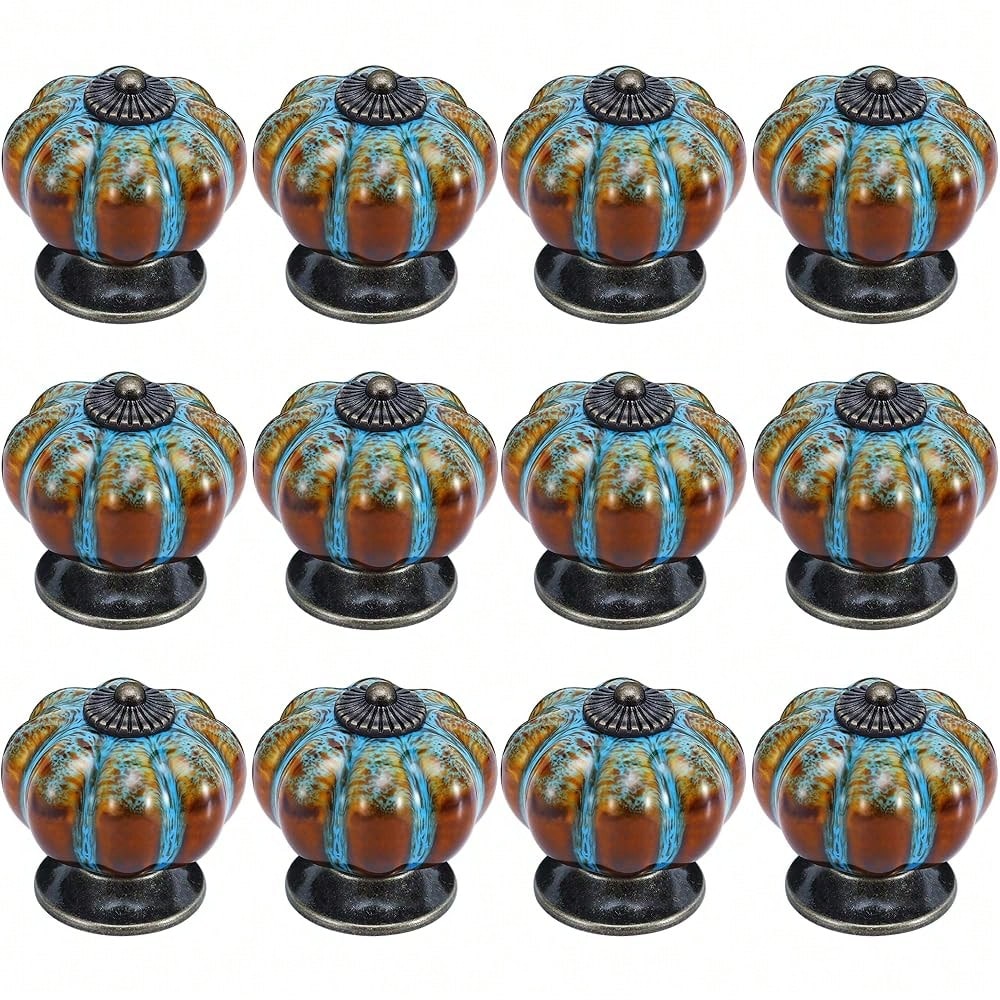 10Pcs Pumpkin Ceramic Drawer Knobs, Dresser Knobs Vintage Door Pull Handles Retro Antique Floral Leaf Pattern For Furniture Drawer Dresser Cabinet With Screws (White/Blue)