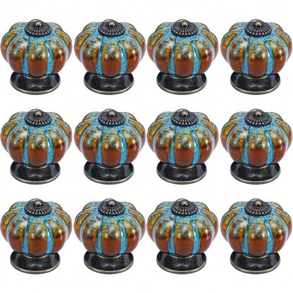 10Pcs Pumpkin Ceramic Drawer Knobs, Dresser Knobs Vintage Door Pull Handles Retro Antique Floral Leaf Pattern For Furniture Drawer Dresser Cabinet With Screws (White/Blue)