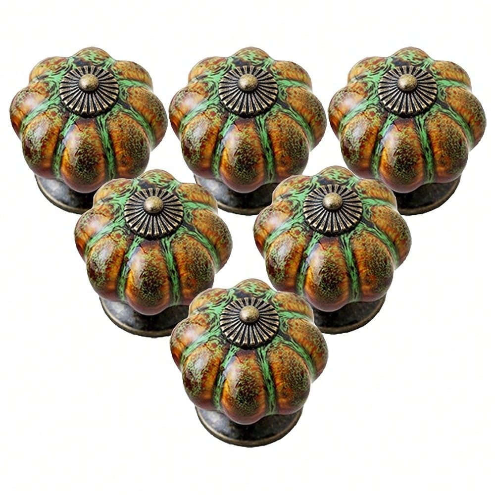 10Pcs Pumpkin Ceramic Drawer Knobs, Dresser Knobs Vintage Door Pull Handles Retro Antique Floral Leaf Pattern For Furniture Drawer Dresser Cabinet With Screws (White/Blue)