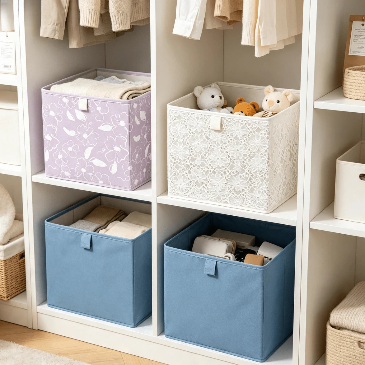 11" Fabric Bin Decorative Multi‑Pattern Square Cloth Storage Baskets For Closet Bedroom,Foldable Fabric Organizer Cubes For Kids Toys And Nursery Supplies,Space‑Saving Fabric Storage Bins For Shelving