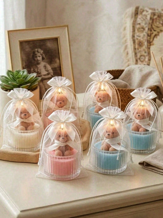 12/6pcs Cute Bear Candles, Soy Wax Ribbed Glass Cup Bear Scented Candles, Cream INS Style Ribbon Mesh Gift Candle Cups, Suitable For Home Decor, Party Gathering, Table Decoration, Holiday Gift, Dinner