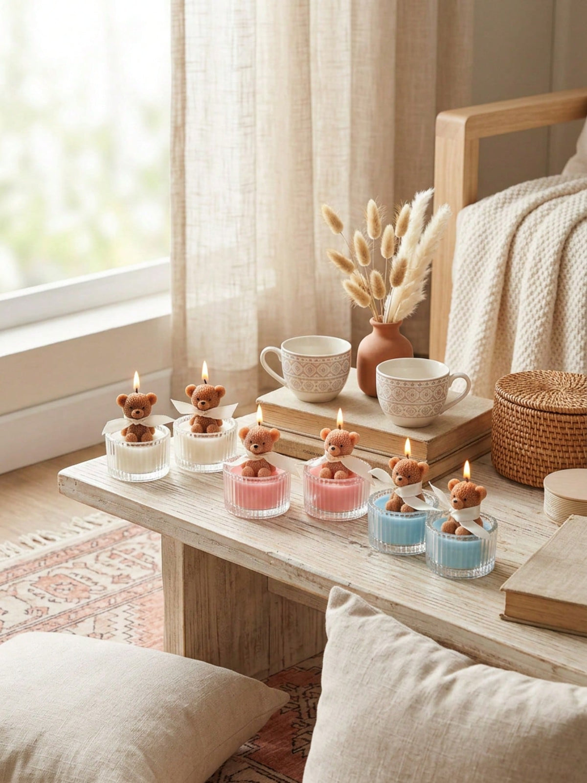12/6pcs Cute Bear Candles, Soy Wax Ribbed Glass Cup Bear Scented Candles, Cream INS Style Ribbon Mesh Gift Candle Cups, Suitable For Home Decor, Party Gathering, Table Decoration, Holiday Gift, Dinner