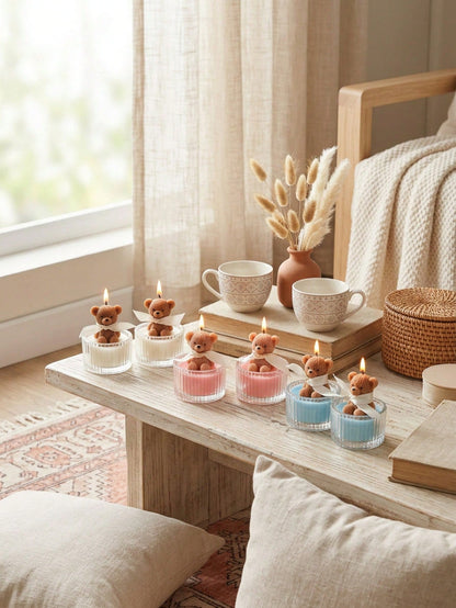 12/6pcs Cute Bear Candles, Soy Wax Ribbed Glass Cup Bear Scented Candles, Cream INS Style Ribbon Mesh Gift Candle Cups, Suitable For Home Decor, Party Gathering, Table Decoration, Holiday Gift, Dinner