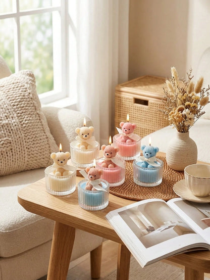 12/6pcs Cute Bear Candles, Soy Wax Ribbed Glass Cup Bear Scented Candles, Cream INS Style Ribbon Mesh Gift Candle Cups, Suitable For Home Decor, Party Gathering, Table Decoration, Holiday Gift, Dinner