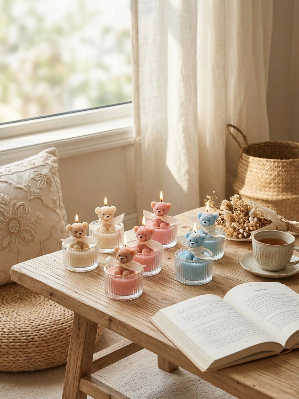 12/6pcs Cute Bear Candles, Soy Wax Ribbed Glass Cup Bear Scented Candles, Cream INS Style Ribbon Mesh Gift Candle Cups, Suitable For Home Decor, Party Gathering, Table Decoration, Holiday Gift, Dinner