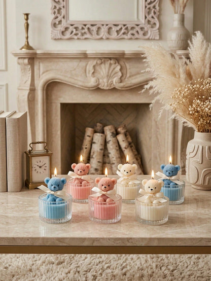 12/6pcs Cute Bear Candles, Soy Wax Ribbed Glass Cup Bear Scented Candles, Cream INS Style Ribbon Mesh Gift Candle Cups, Suitable For Home Decor, Party Gathering, Table Decoration, Holiday Gift, Dinner