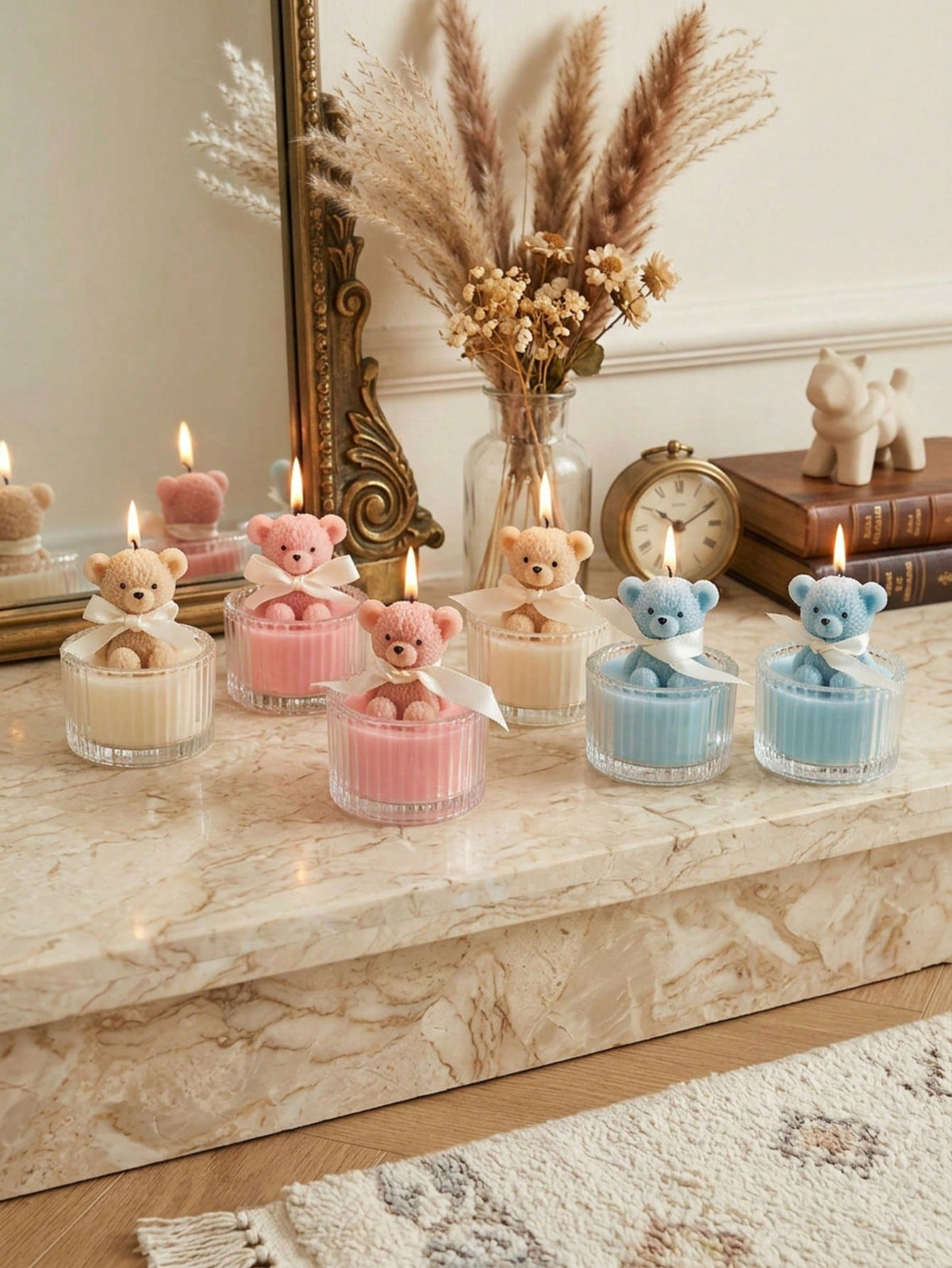 12/6pcs Cute Bear Candles, Soy Wax Ribbed Glass Cup Bear Scented Candles, Cream INS Style Ribbon Mesh Gift Candle Cups, Suitable For Home Decor, Party Gathering, Table Decoration, Holiday Gift, Dinner