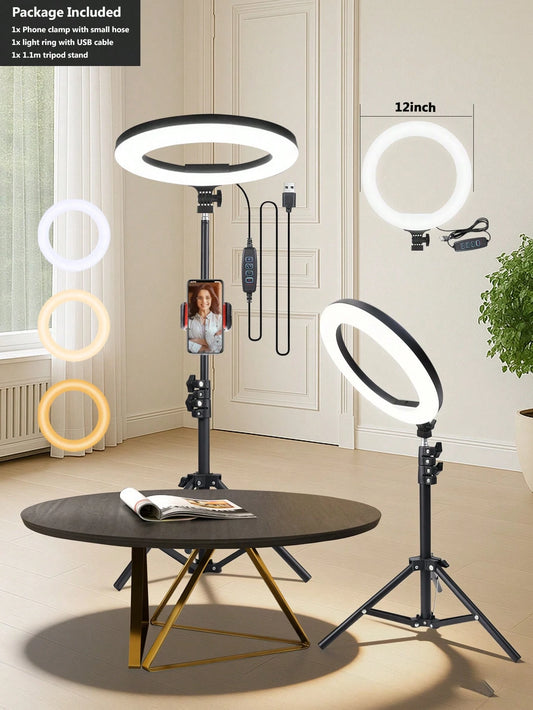 12-Inch LED Selfie Ring Light| Live Streaming Lighting| Multi-Functional LED Ring Light, With Segmented Telescopic Tripod, 3 Color Modes & Button Brightness Adjustment, Suitable For Mobile Phone LE