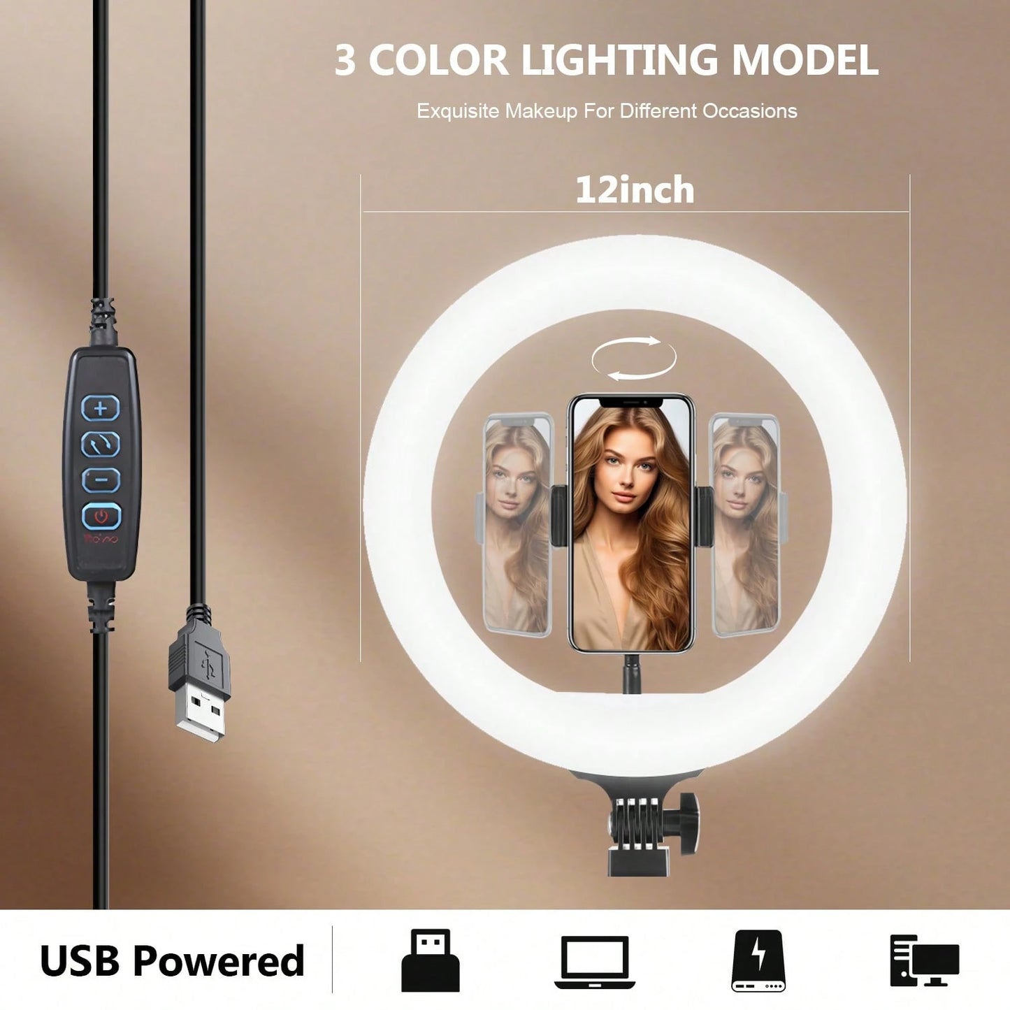 12-Inch LED Selfie Ring Light| Live Streaming Lighting| Multi-Functional LED Ring Light, With Segmented Telescopic Tripod, 3 Color Modes & Button Brightness Adjustment, Suitable For Mobile Phone LE