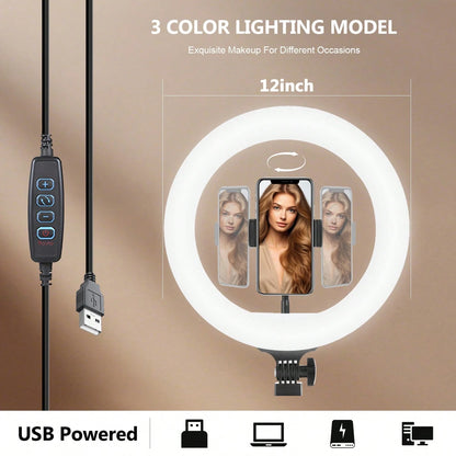 12-Inch LED Selfie Ring Light| Live Streaming Lighting| Multi-Functional LED Ring Light, With Segmented Telescopic Tripod, 3 Color Modes & Button Brightness Adjustment, Suitable For Mobile Phone LE
