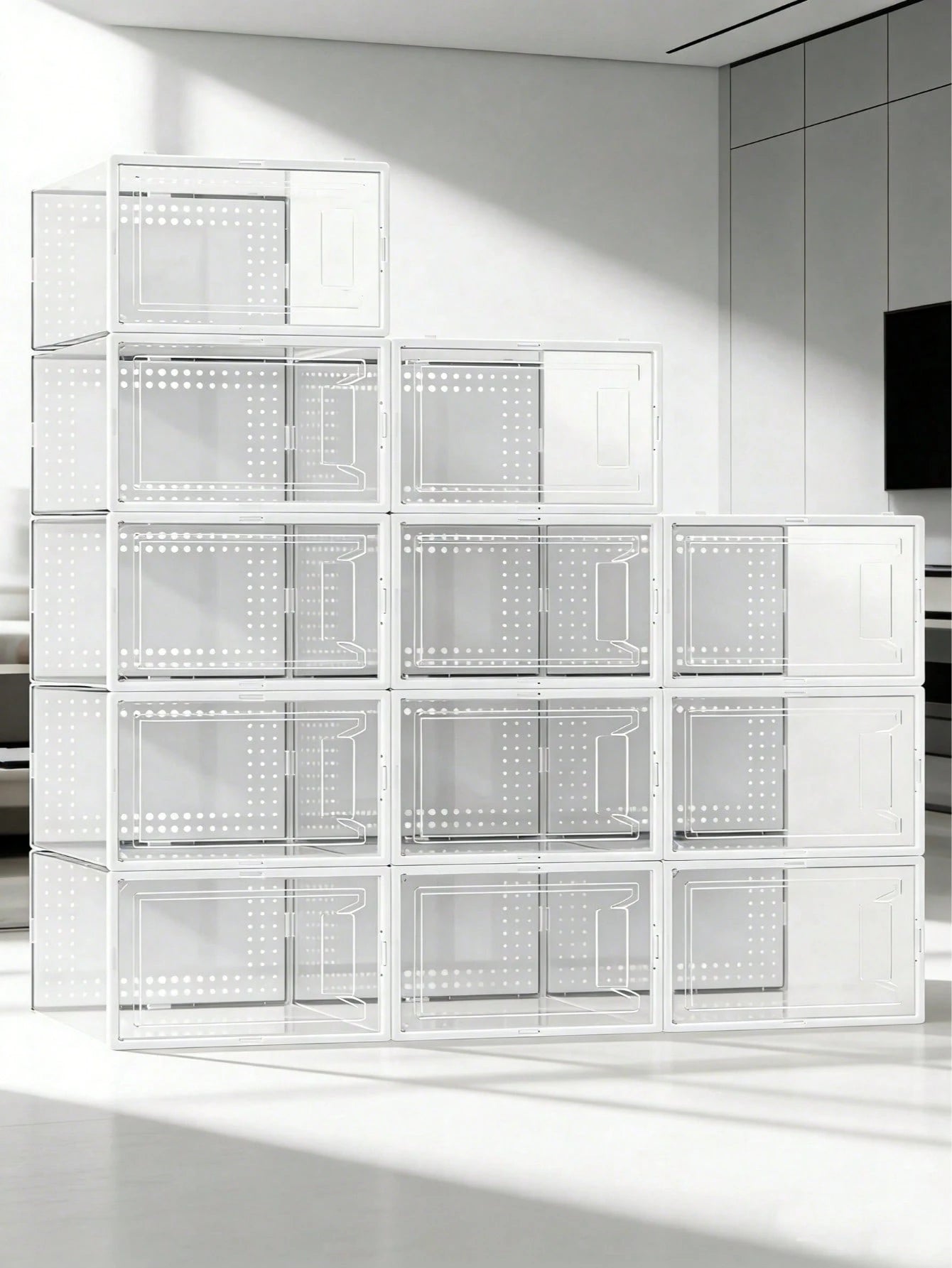 12-Pack Plastic Stackable Shoe Box Set- Clear| Foldable Shoe Storage Container| Sneaker Bins| Shoe Rack Box| Transparent| Portable Stacking Shoe Boxes Front Open