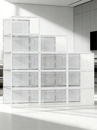 12-Pack Plastic Stackable Shoe Box Set- Clear| Foldable Shoe Storage Container| Sneaker Bins| Shoe Rack Box| Transparent| Portable Stacking Shoe Boxes Front Open