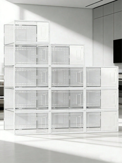 12-Pack Plastic Stackable Shoe Box Set- Clear| Foldable Shoe Storage Container| Sneaker Bins| Shoe Rack Box| Transparent| Portable Stacking Shoe Boxes Front Open