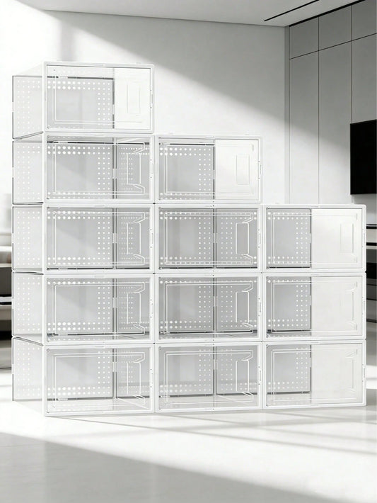 12-Pack Plastic Stackable Shoe Box Set- Clear| Foldable Shoe Storage Container| Sneaker Bins| Shoe Rack Box| Transparent| Portable Stacking Shoe Boxes Front Open