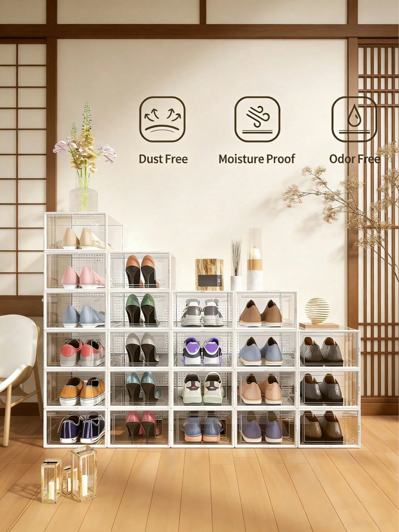 12-Pack Plastic Stackable Shoe Box Set- Clear| Foldable Shoe Storage Container| Sneaker Bins| Shoe Rack Box| Transparent| Portable Stacking Shoe Boxes Front Open