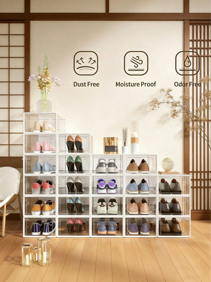 12-Pack Plastic Stackable Shoe Box Set- Clear| Foldable Shoe Storage Container| Sneaker Bins| Shoe Rack Box| Transparent| Portable Stacking Shoe Boxes Front Open