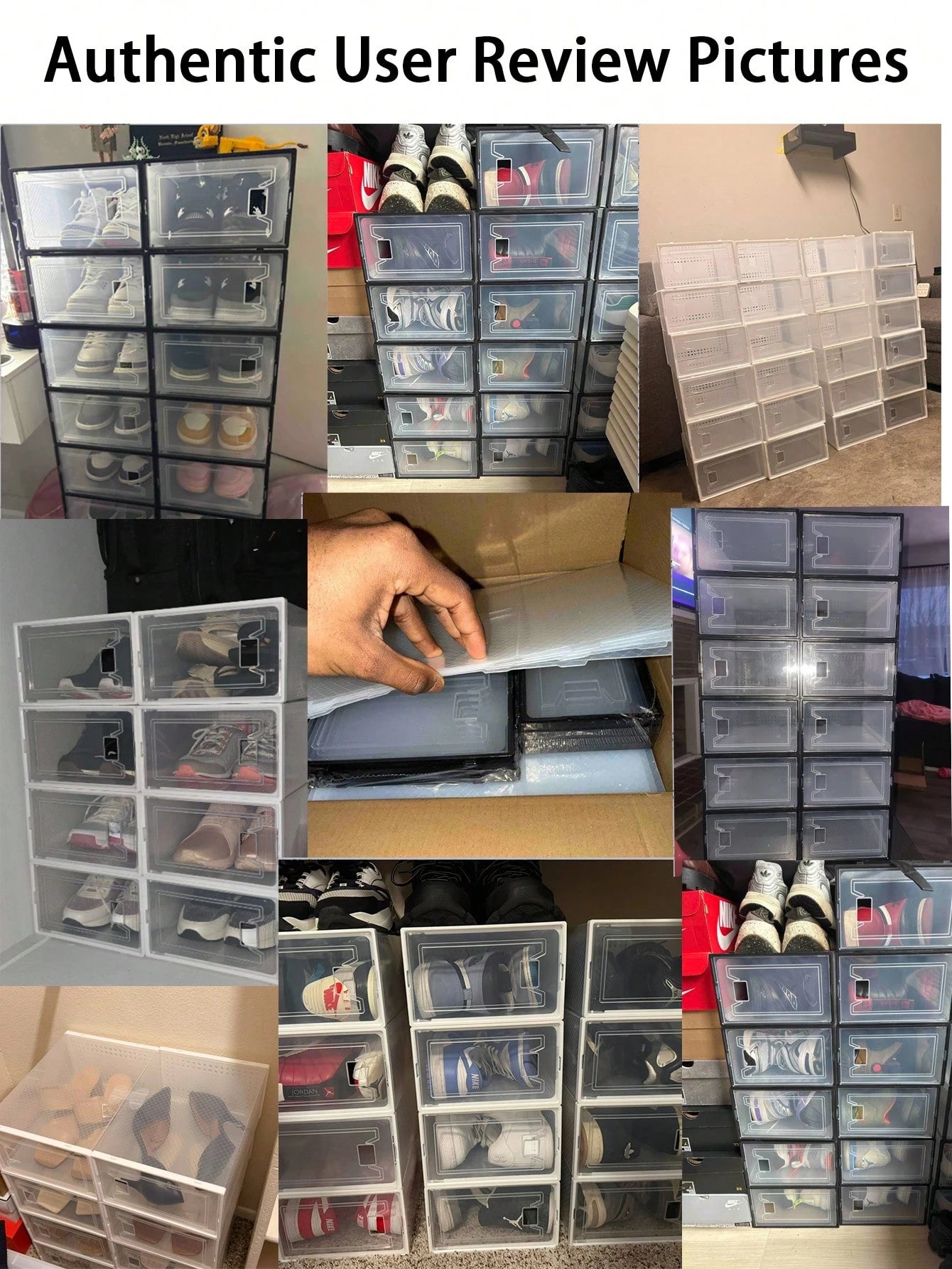 12-Pack Plastic Stackable Shoe Box Set- Clear| Foldable Shoe Storage Container| Sneaker Bins| Shoe Rack Box| Transparent| Portable Stacking Shoe Boxes Front Open