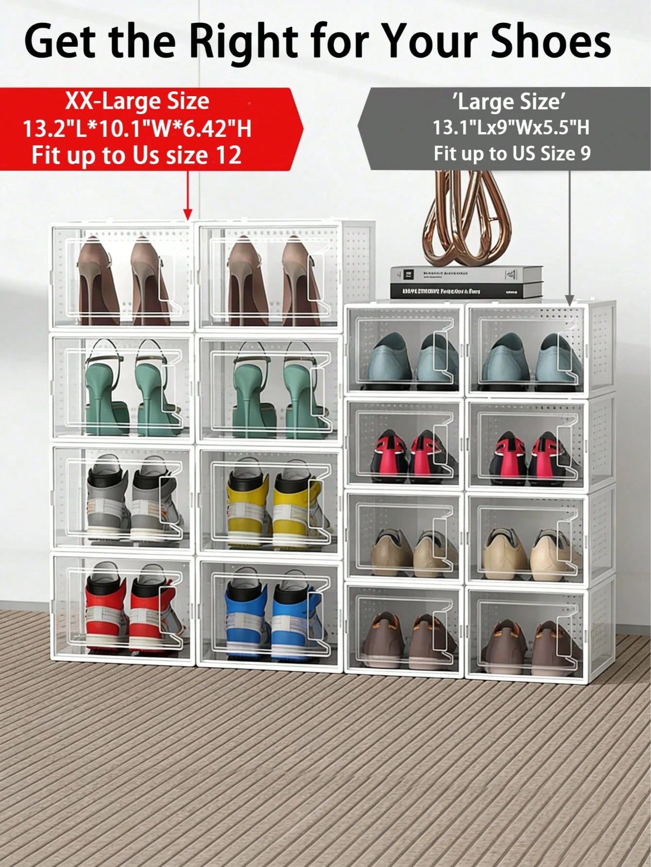 12-Pack Plastic Stackable Shoe Box Set- Clear| Foldable Shoe Storage Container| Sneaker Bins| Shoe Rack Box| Transparent| Portable Stacking Shoe Boxes Front Open