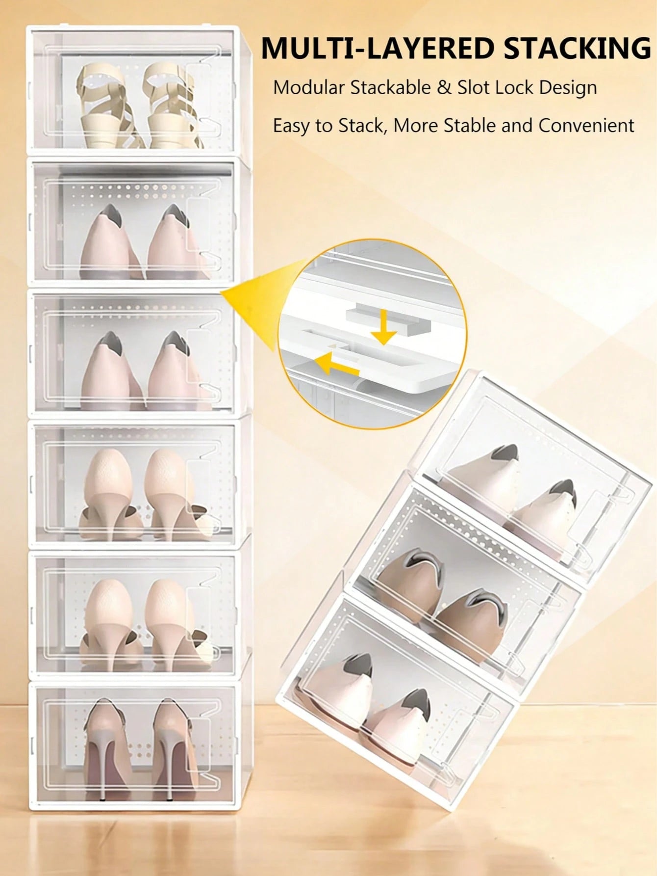 12-Pack Plastic Stackable Shoe Box Set- Clear| Foldable Shoe Storage Container| Sneaker Bins| Shoe Rack Box| Transparent| Portable Stacking Shoe Boxes Front Open