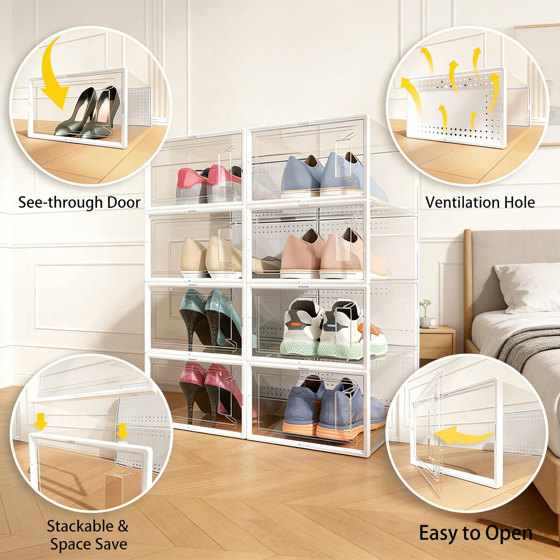 12-Pack Plastic Stackable Shoe Box Set- Clear| Foldable Shoe Storage Container| Sneaker Bins| Shoe Rack Box| Transparent| Portable Stacking Shoe Boxes Front Open