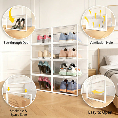 12-Pack Plastic Stackable Shoe Box Set- Clear| Foldable Shoe Storage Container| Sneaker Bins| Shoe Rack Box| Transparent| Portable Stacking Shoe Boxes Front Open