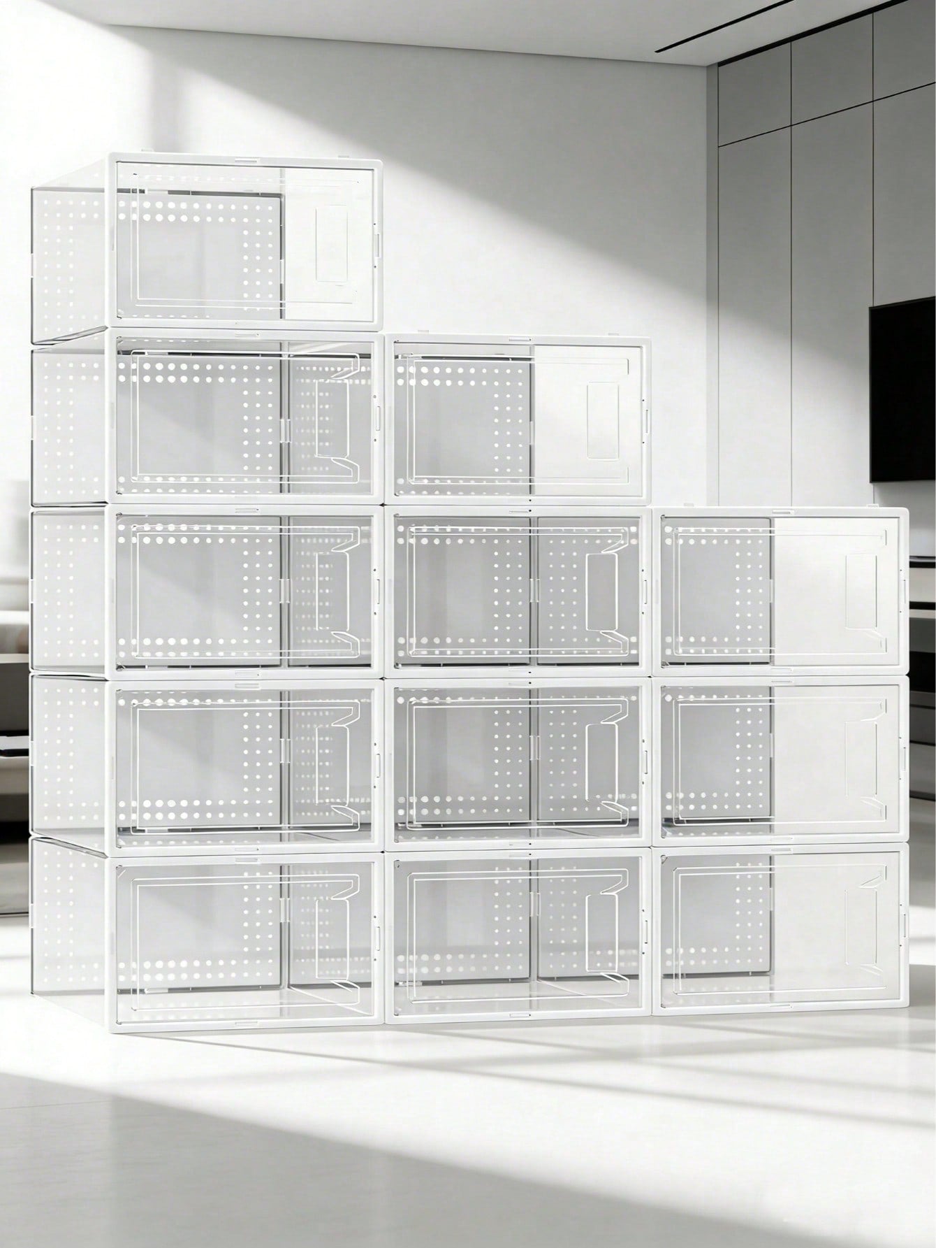 12-Pack Plastic Stackable Shoe Box Set- Clear| Foldable Shoe Storage Container| Sneaker Bins| Shoe Rack Box| Transparent| Portable Stacking Shoe Boxes Front Open