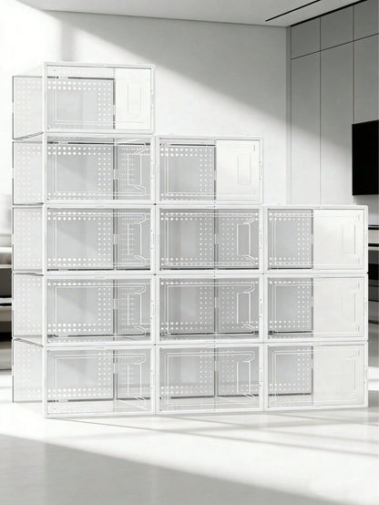 12-Pack Plastic Stackable Shoe Box Set- Clear| Foldable Shoe Storage Container| Sneaker Bins| Shoe Rack Box| Transparent| Portable Stacking Shoe Boxes Front Open