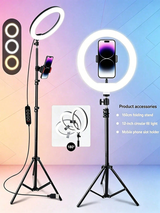 12" Ring Light With 63" Tripod & Phone Holder- Dimmable LED Selfie Light For Makeup, Zoom, Live Streaming & Photography-, Cyber Monday & Christmas Gift, Adjustable Brightness, Stable Base, Content C
