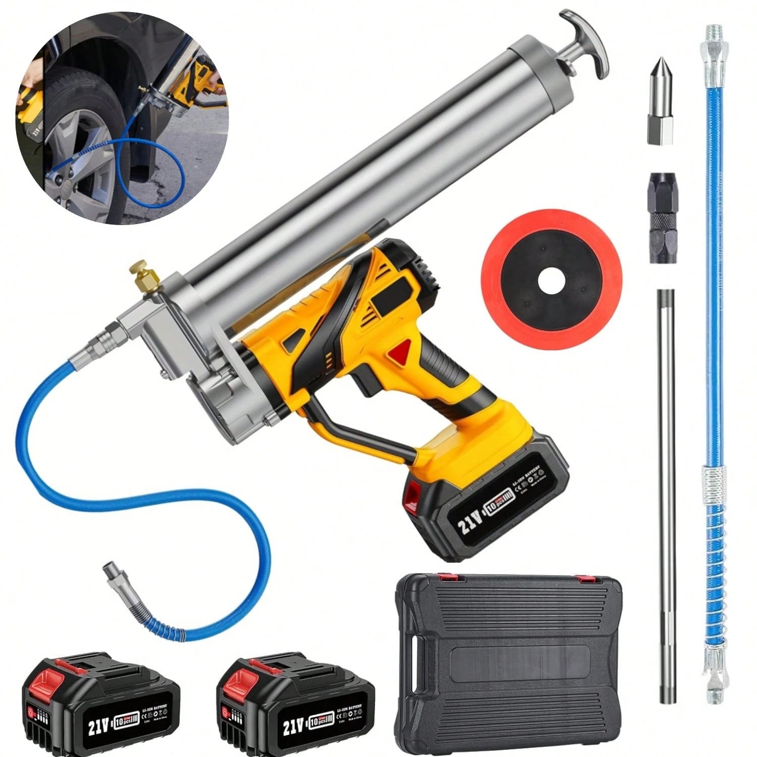 12000 PSI Rechargeable Cordless Grease Gun Kit- 2*4000mAh Batteries, Variable Speed Trigger & LED Lights