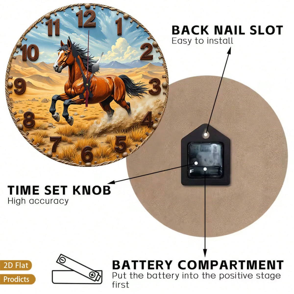 12inch Vintage Horse Design 2D Flat Style Wall Clock, Suitable For Baby Rooms, Bedrooms, Offices, And Living Rooms.Silent, No Ticking Sound
