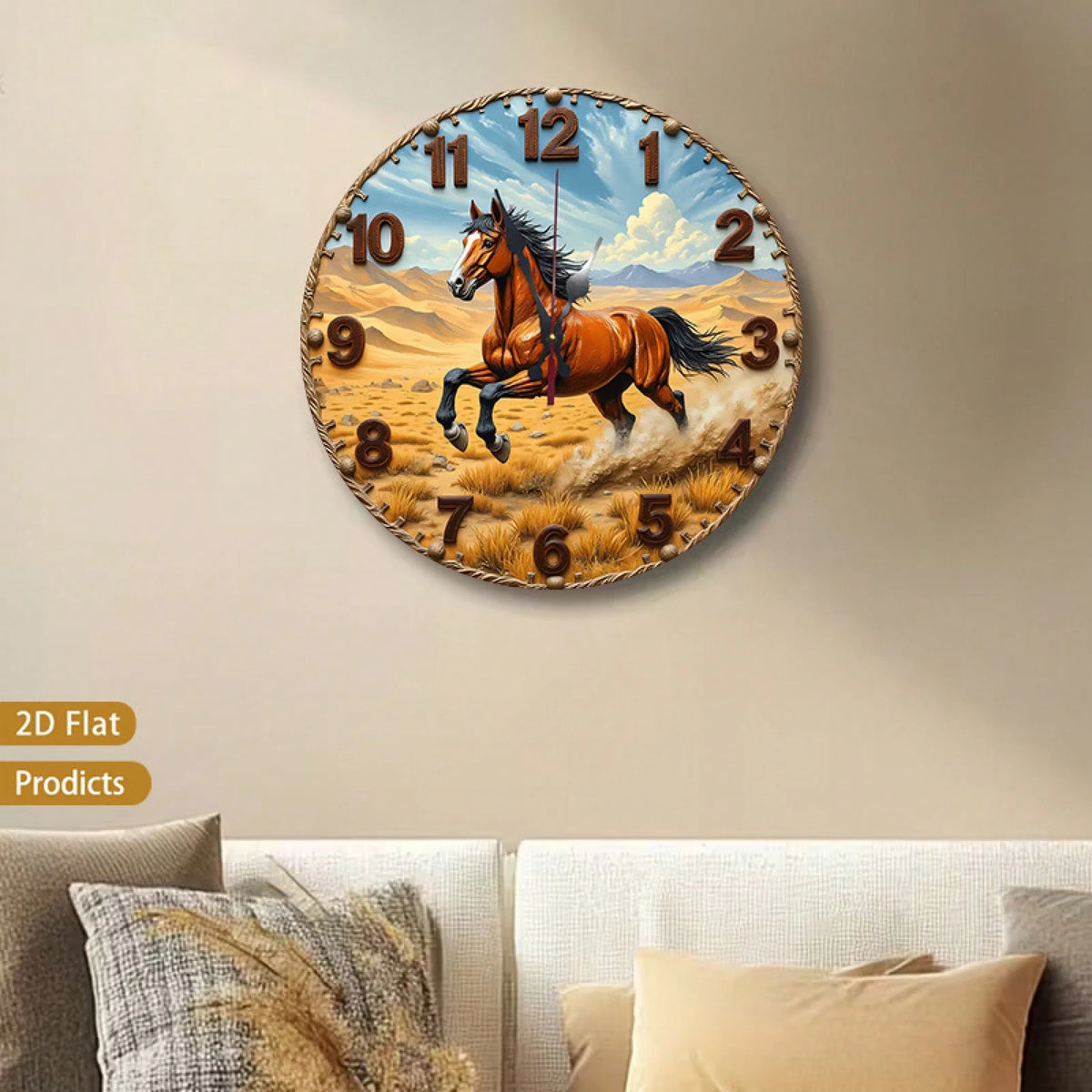 12inch Vintage Horse Design 2D Flat Style Wall Clock, Suitable For Baby Rooms, Bedrooms, Offices, And Living Rooms.Silent, No Ticking Sound